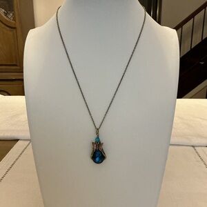 Steampunk Blue Sapphire Glass Antique Gold Pendant Necklace